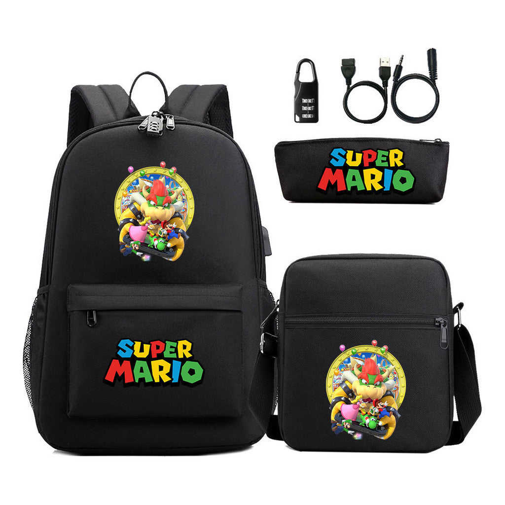 Super Mario Usb Password Lock Youth Student Backpack 3-piece Set For Men And Women Backpacks