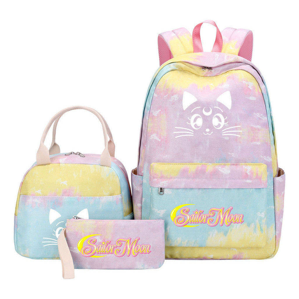 Beautiful Girl Warrior Student Schoolbag Lunch Bag Three Piece Set Backpack Cover