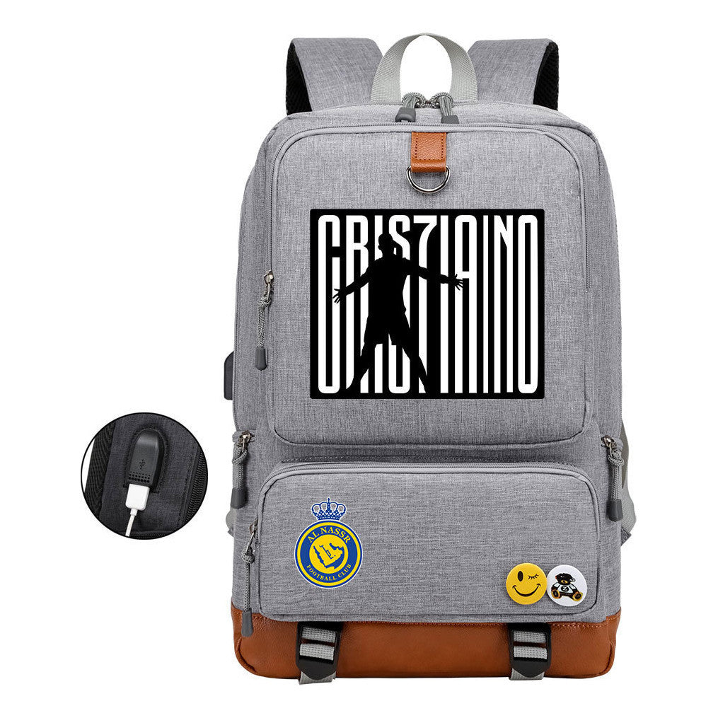 Football Star Cristiano Ronaldo Printed Usb Youth Student Backpack For Leisure Travel Backpack
