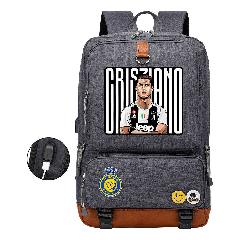 Football Star Cristiano Ronaldo Printed Usb Youth Student Backpack For Leisure Travel Backpack