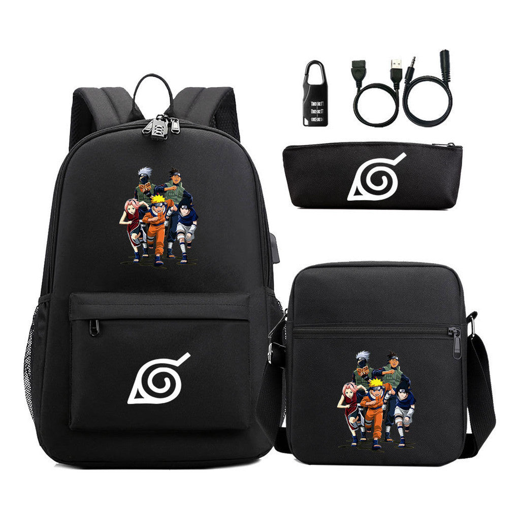 Naruto Usb Password Lock Youth Student Backpack Three Piece Set For Men And Women Backpack Set