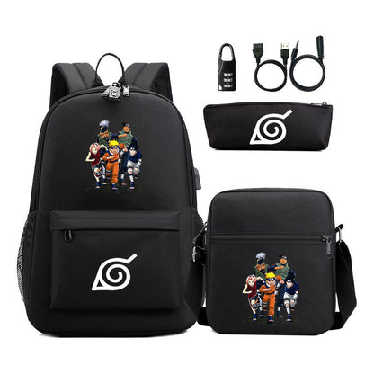 Naruto Usb Password Lock Youth Student Backpack Three Piece Set For Men And Women Backpack Set
