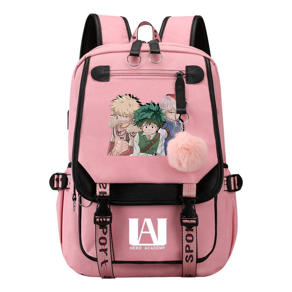 My Heroes Academy Usb Youth Student Backpack For Boys And Girls, Casual Woven Strap Flip Back Backpack