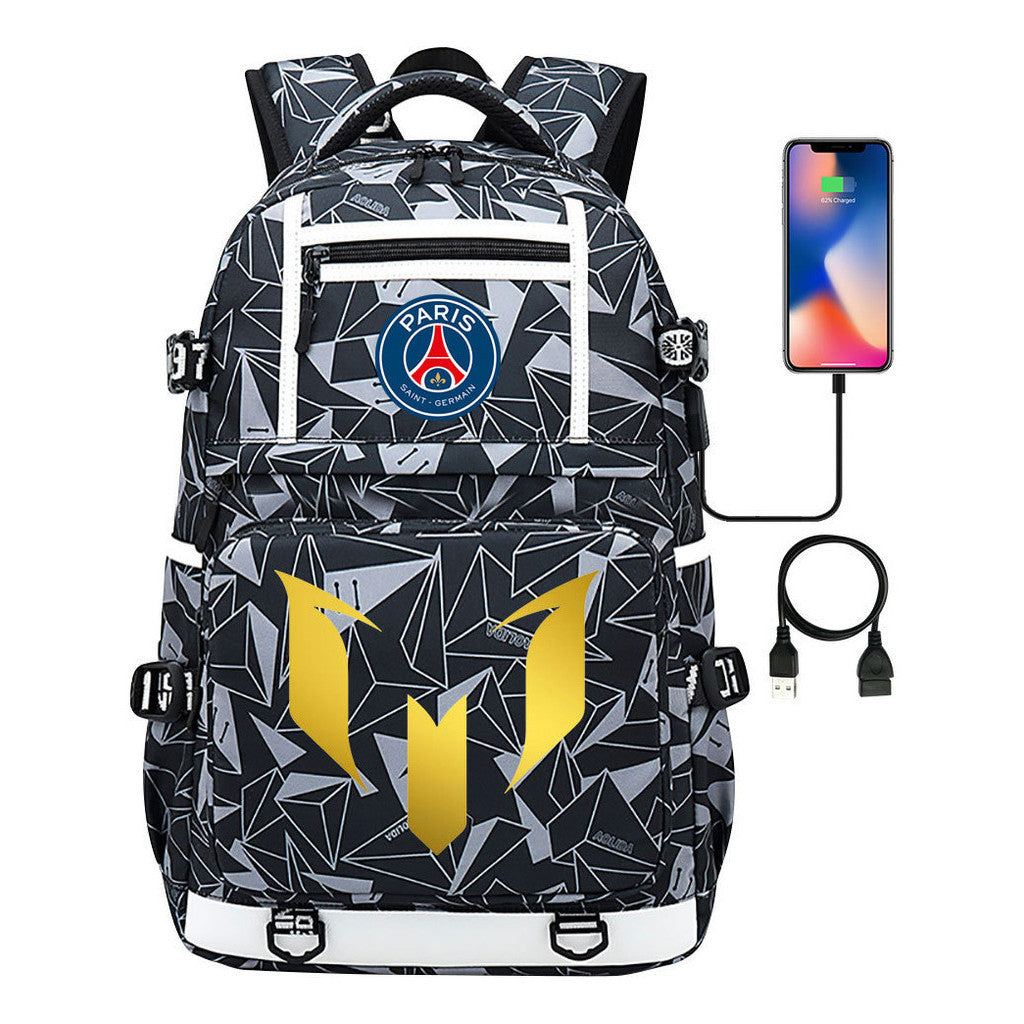 Gold Sports Football Star Printed Usb Youth School Bag Backpack Leisure Travel Backpack
