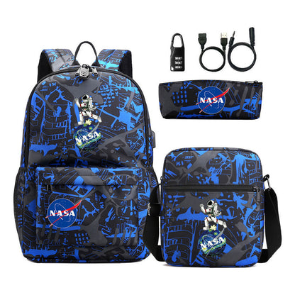 Fashionable Usb Password Lock Youth Student Backpack Three Piece Set Backpack