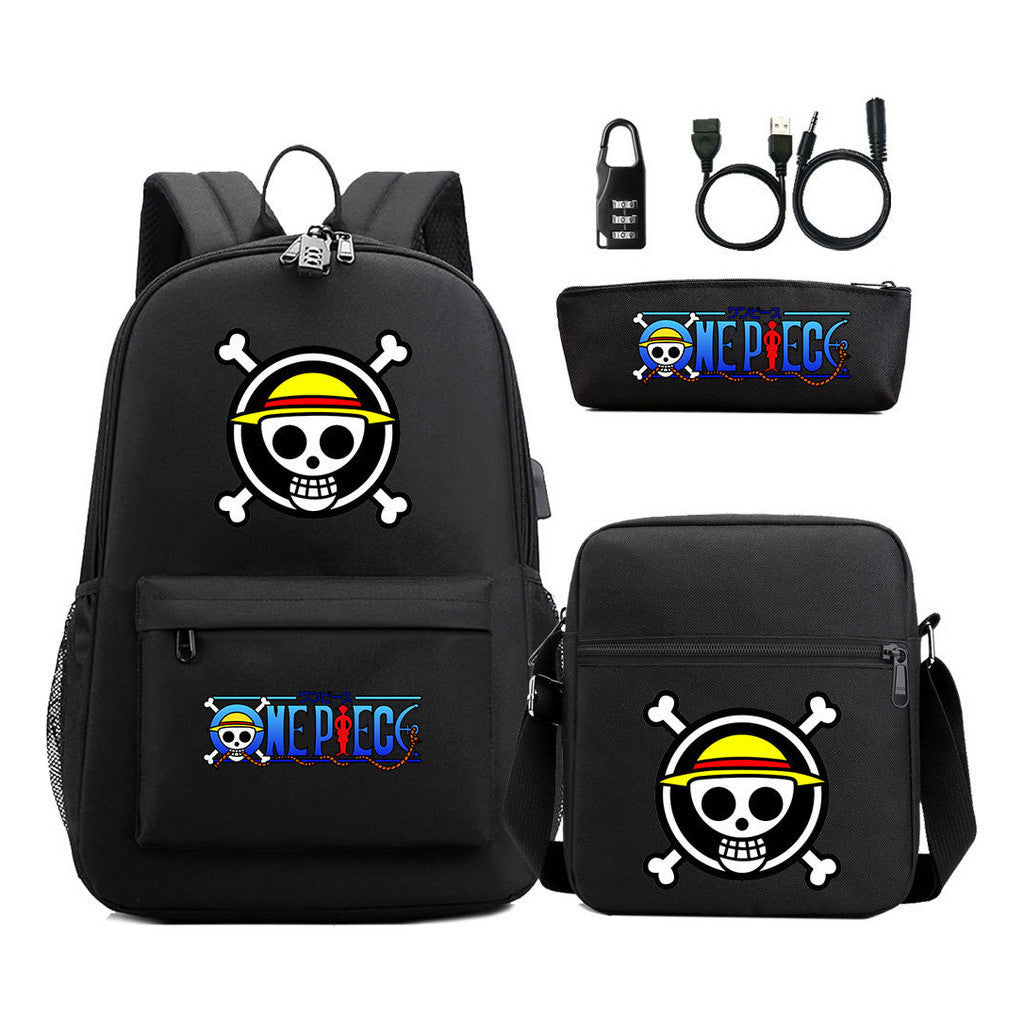Cartoon Pirate King Usb Password Lock Youth Student Backpack Three Piece Set Backpack