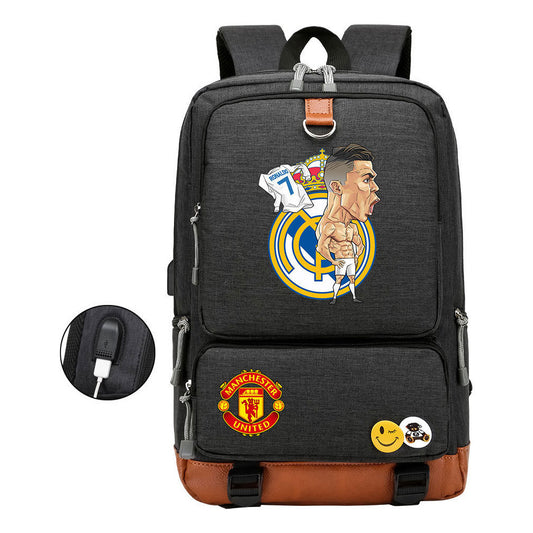 Football Star Cristiano Ronaldo Printed Usb Youth Student Backpack For Boys And Girls Leisure Travel Backpack