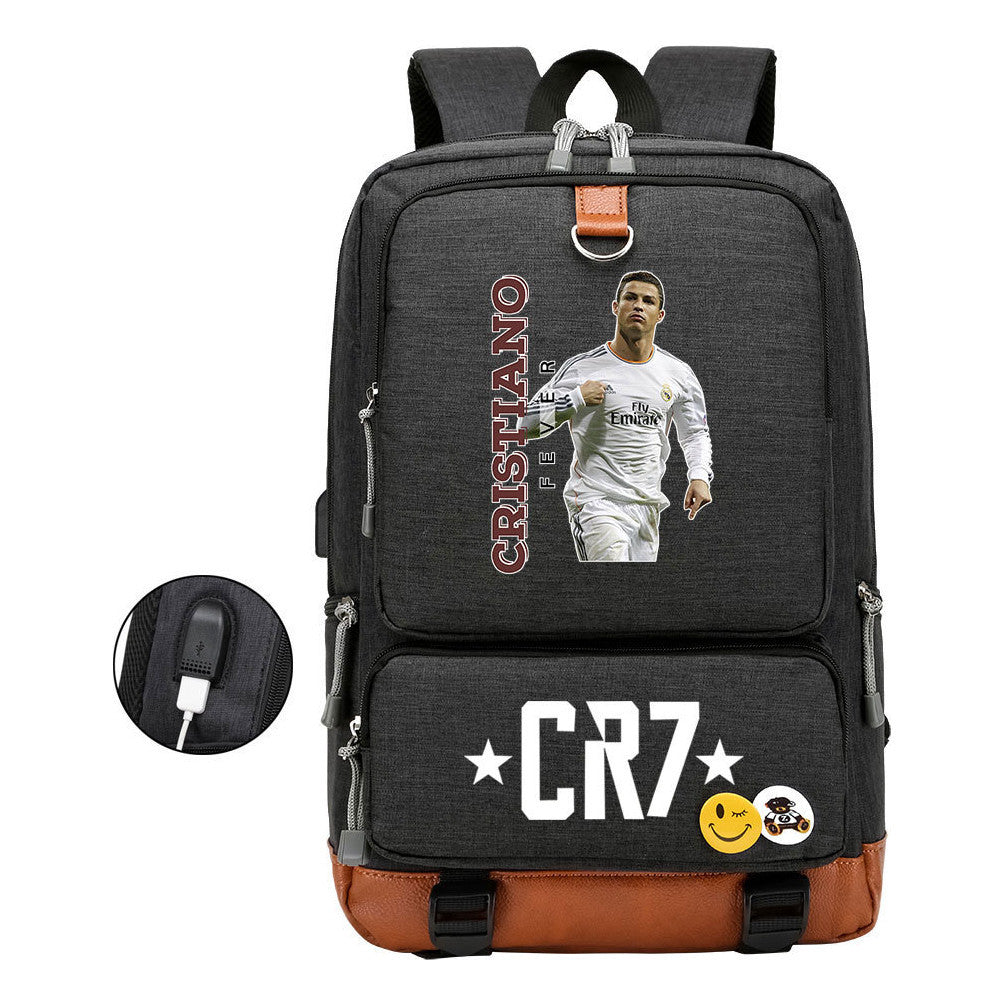 Football Star Cristiano Ronaldo Printed Usb Youth Primary And Secondary School Backpack For Boys And Girls Leisure Travel Backpack