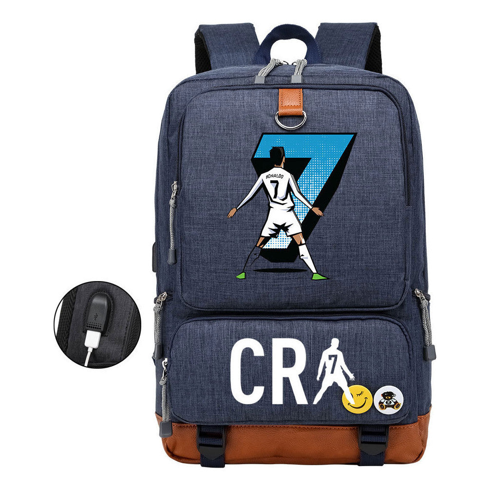 Football Star Cristiano Ronaldo Printed Usb Youth Primary And Secondary School Backpack For Boy And Girl's Leisure Travel Backpack