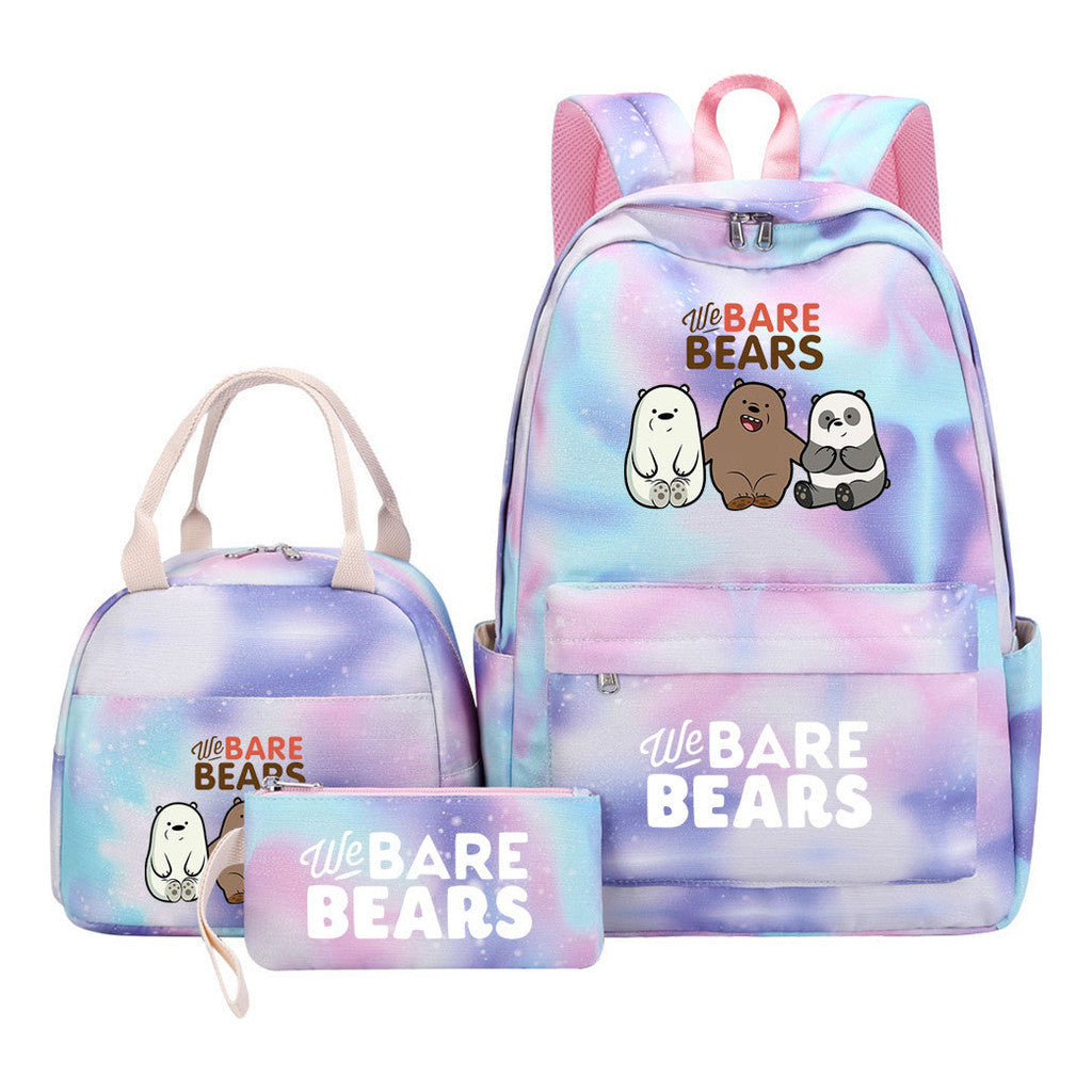 Cartoon Cute Three Bears Youth Student Girls School Bag Lunch Bag Three Piece Set Backpack Set