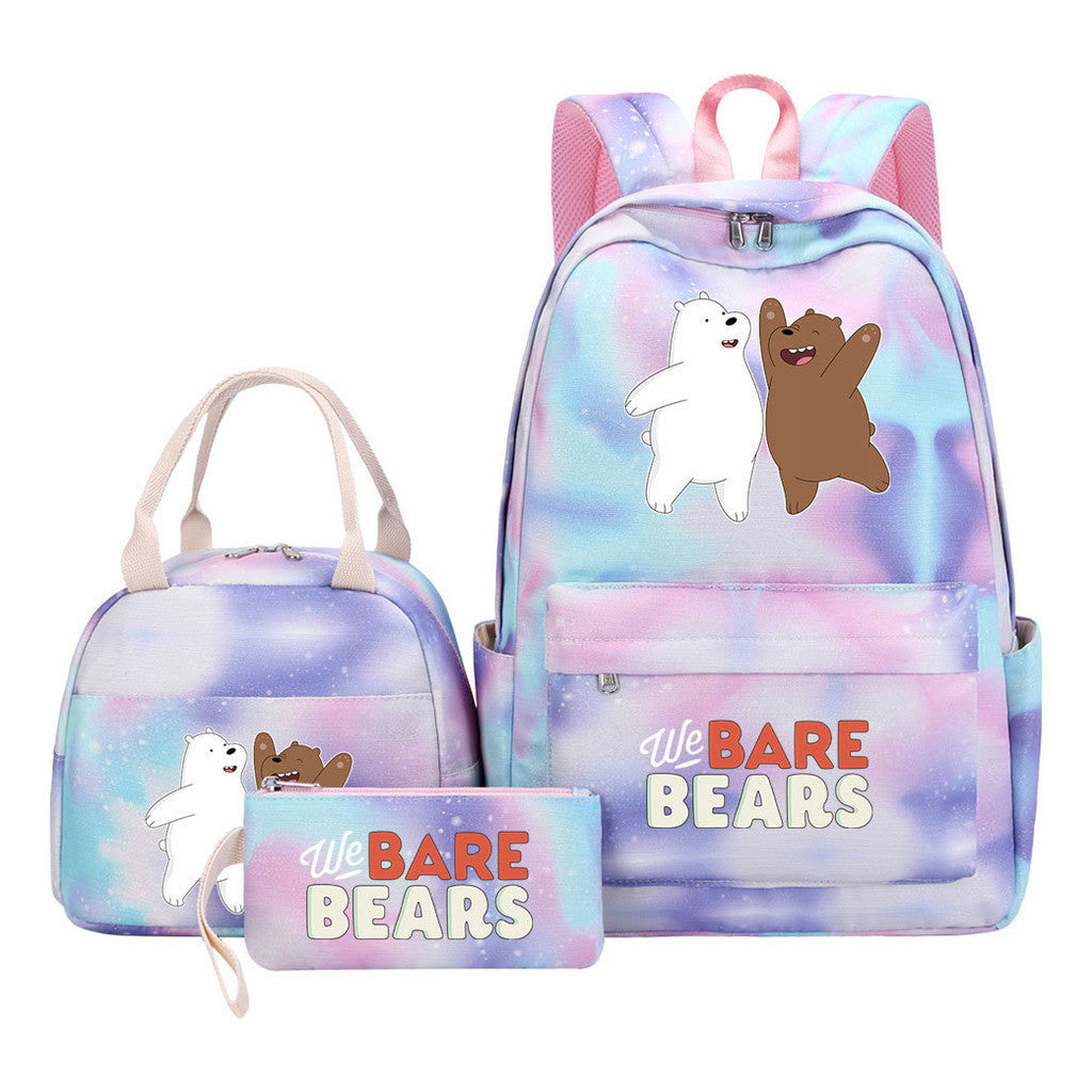 Cartoon Cute Three Bears Youth Student Girls School Bag Lunch Bag Three Piece Set Backpack Set
