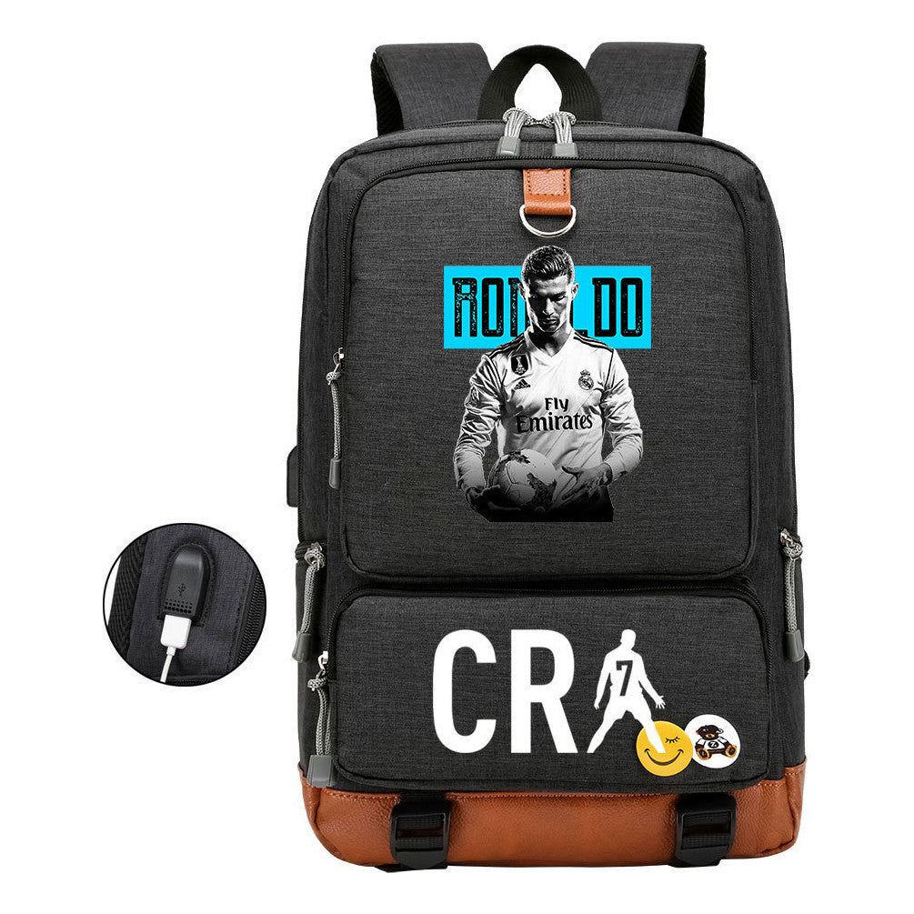 Football Star Cristiano Ronaldo Printed Usb Youth Primary And Secondary School Backpack For Boy And Girl's Leisure Travel Backpack