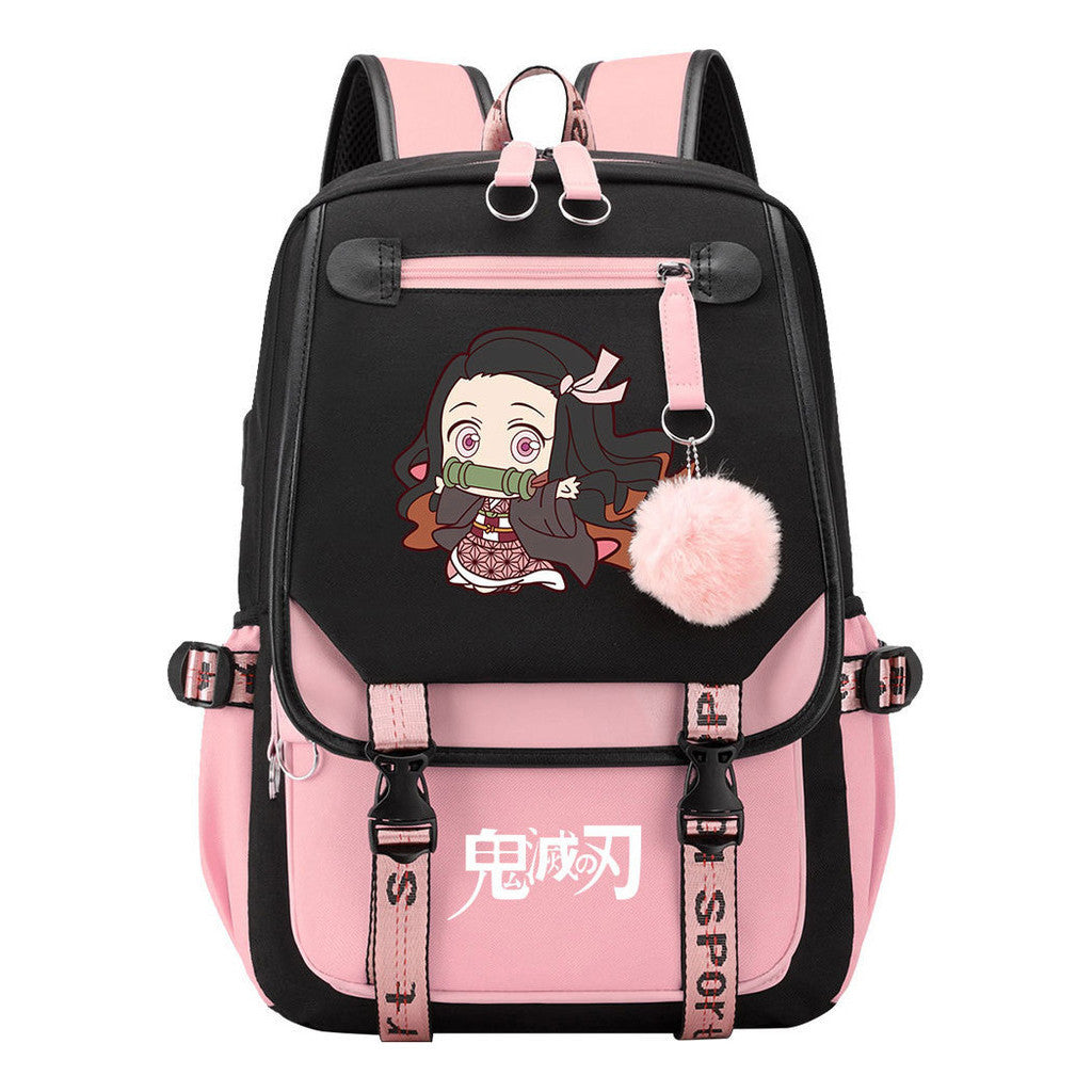 Cartoon Fashion Usb Youth Student Backpack Boy's And Girl's Leisure Ribbon Flip Backpack