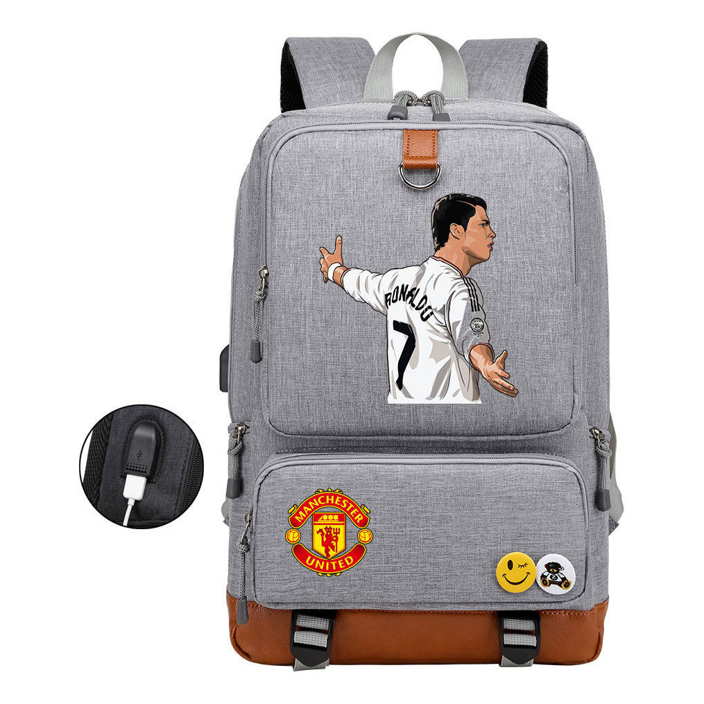 Football Star Cristiano Ronaldo Printed Usb Youth Backpack For Leisure Travel Backpack