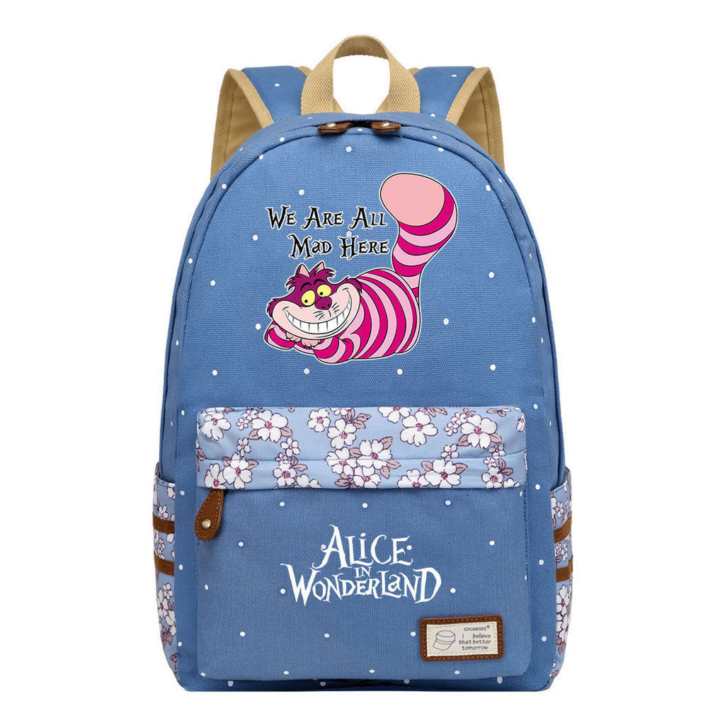 Anime Cartoon Cheshire Cat Print Student Backpack, Floral Casual Backpack