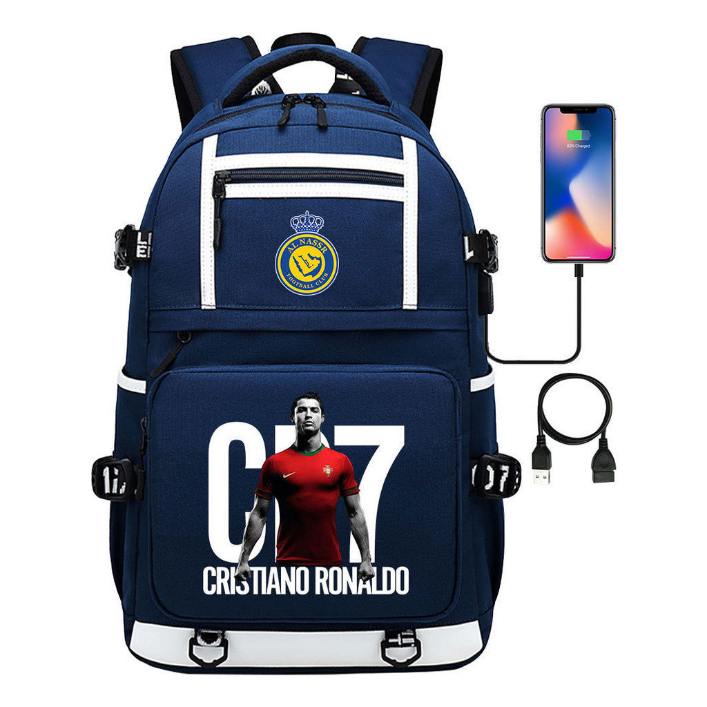 Football Star Cristiano Ronaldo Printed Usb Youth Student Backpack For Men And Women, Backpack For Leisure Travel