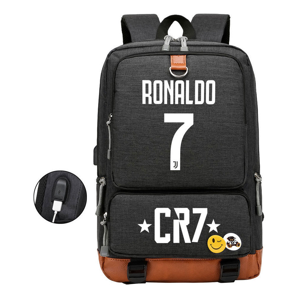 Football Star Cristiano Ronaldo Printed Usb Student Backpack For Boys And Girls Leisure Travel Backpack