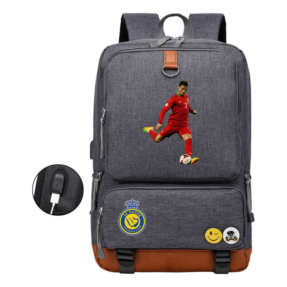 Football Star Cristiano Ronaldo Printed Usb Youth Student Backpack For Leisure Travel Backpack