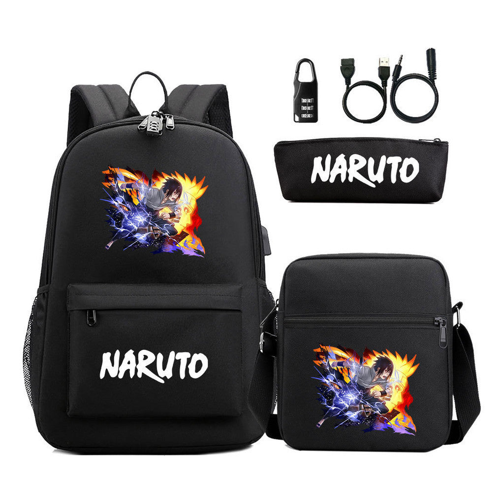 Naruto Usb Password Lock Youth Student Backpack Three Piece Set For Men And Women Backpack Set