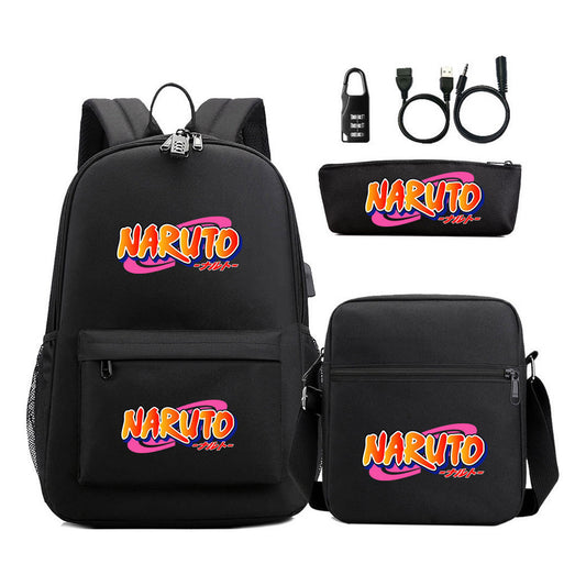Naruto Usb Password Lock Youth Student Backpack Three Piece Set For Men And Women Backpacks