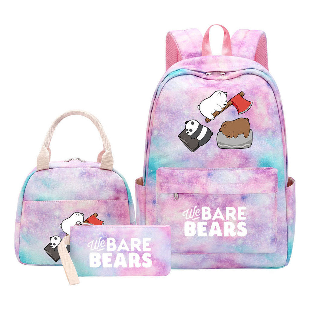 Cartoon Cute Three Bears Youth Student Girls School Bag Lunch Bag Three Piece Set Backpack Set