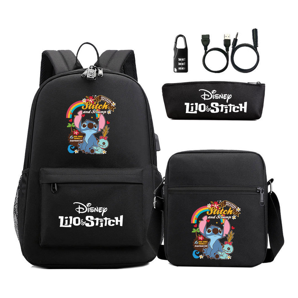 Interstellar Baby Stitch Usb Password Lock Youth Backpack 3-piece Set For Men And Women Backpacks