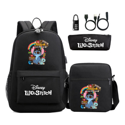 Interstellar Baby Stitch Usb Password Lock Youth Backpack 3-piece Set For Men And Women Backpacks