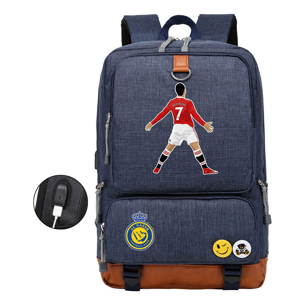 Football Star Cristiano Ronaldo Printed Usb Student Backpack Leisure Travel Backpack