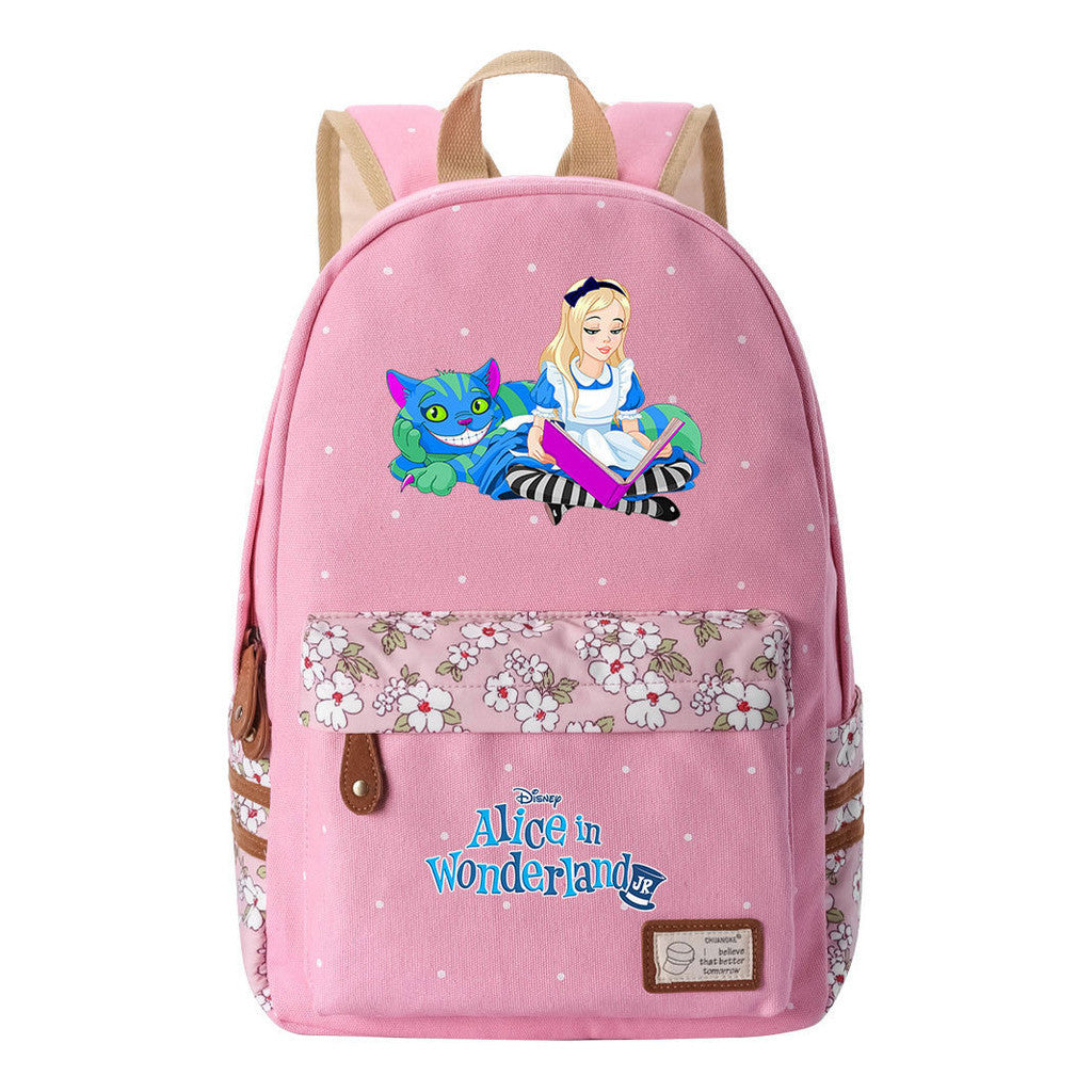 Anime Cartoon Cheshire Cat Print Youth Student Backpack With Floral Casual Backpack