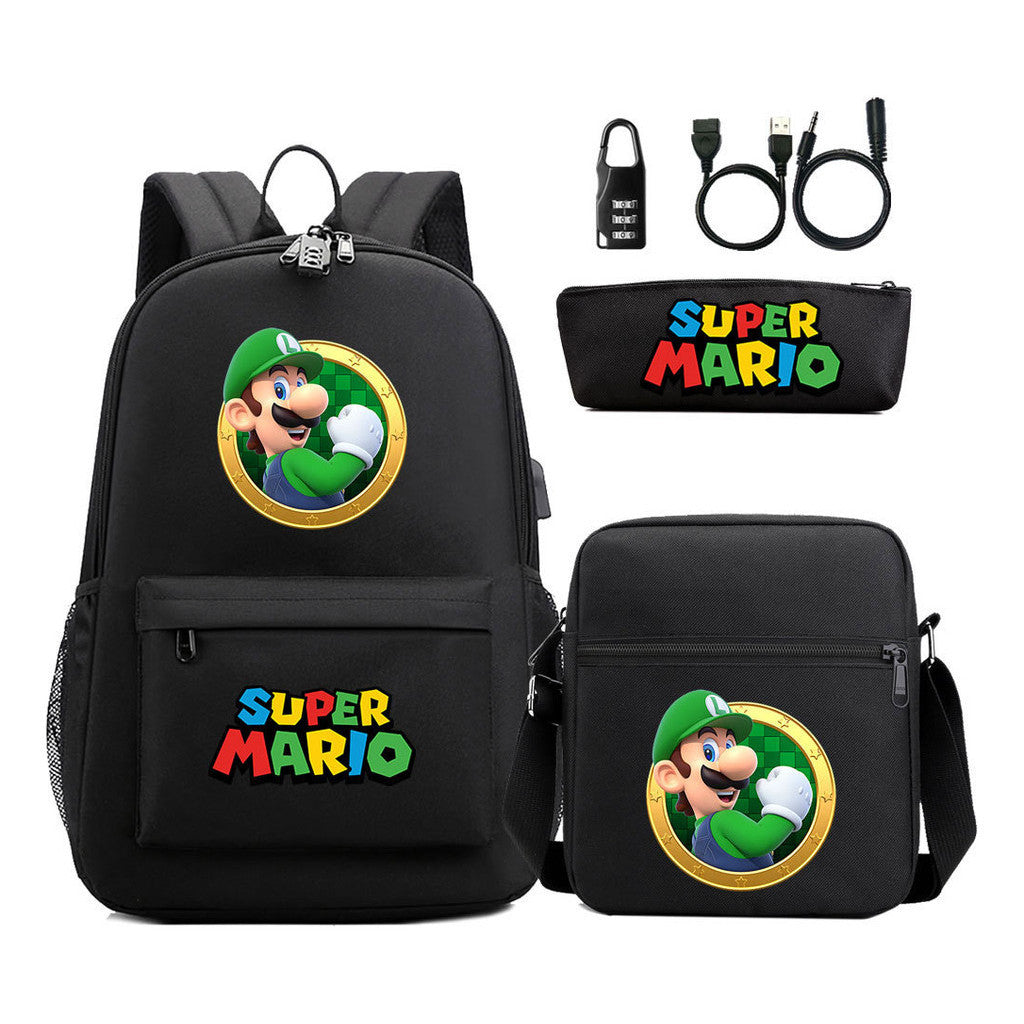 Super Mario Usb Password Lock Youth Student Backpack 3-piece Set For Men And Women Backpacks