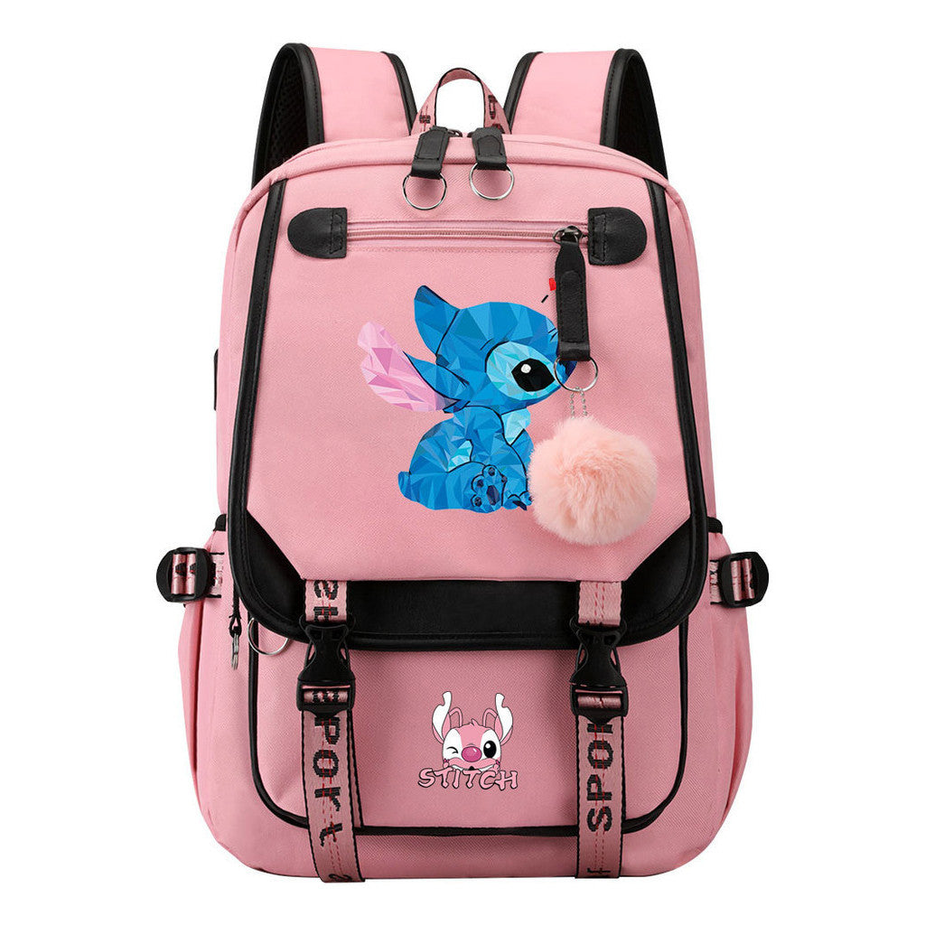 Interstellar Baby Stitch Usb Student Backpack For Boys And Girls, Casual Woven Strap Flip Back Backpack