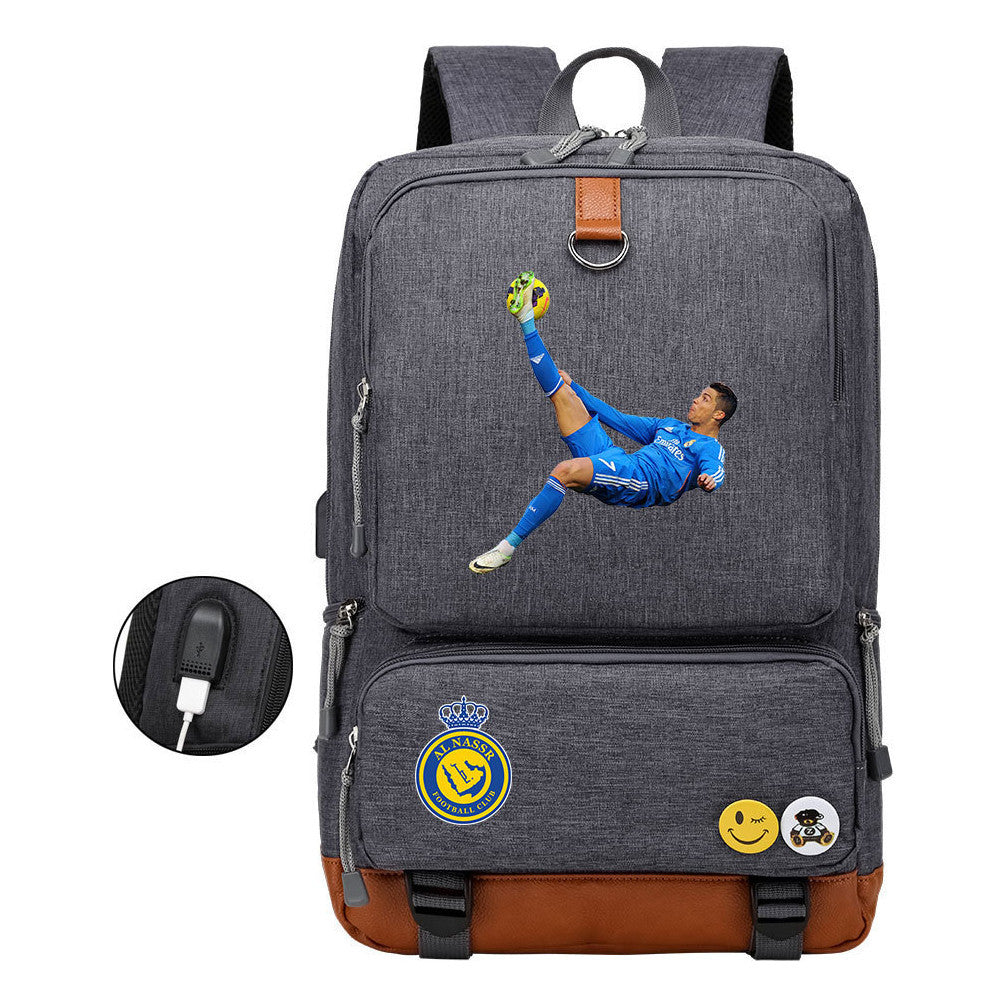 Football Star Cristiano Ronaldo Printed Usb Youth Student Backpack For Leisure Travel Backpack