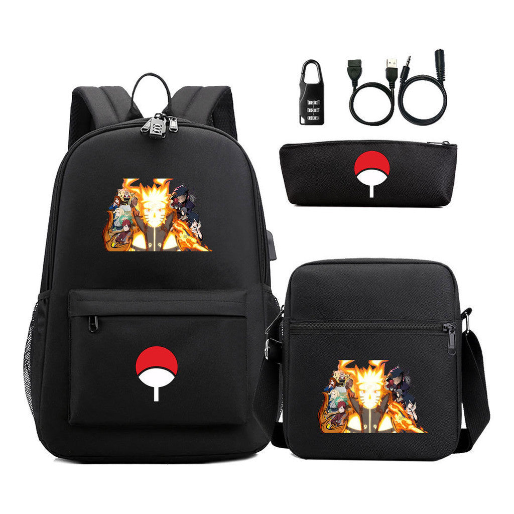 Naruto Usb Password Lock Youth Student Backpack Three Piece Set Backpack Set