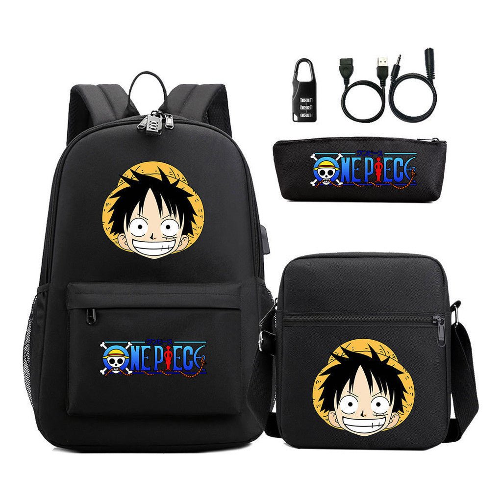 Cartoon Pirate King Usb Password Lock Youth Student Backpack Three Piece Set Backpack