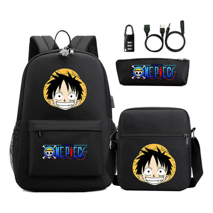 Cartoon Pirate King Usb Password Lock Youth Student Backpack Three Piece Set Backpack