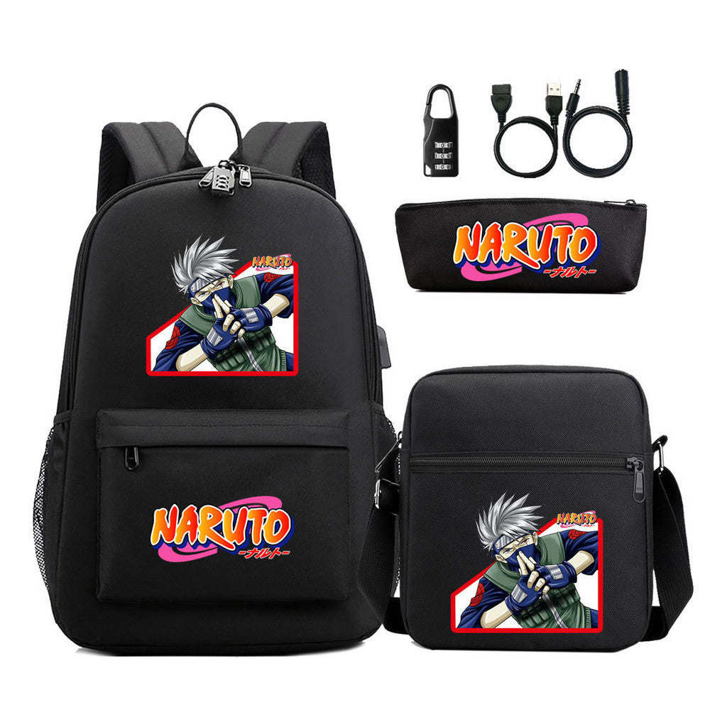 Naruto Usb Password Lock Youth Student Backpack Three Piece Set For Men And Women Backpacks