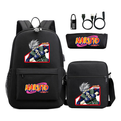 Naruto Usb Password Lock Youth Student Backpack Three Piece Set For Men And Women Backpacks