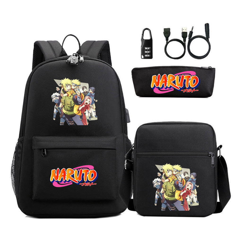 Naruto Usb Password Lock Youth Student Backpack Three Piece Set Backpack Set