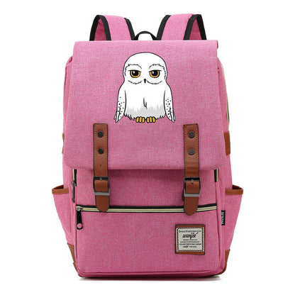 Cartoon White Owl Youth Student Backpack For Men And Women With Casual Belt Buckle Backpack