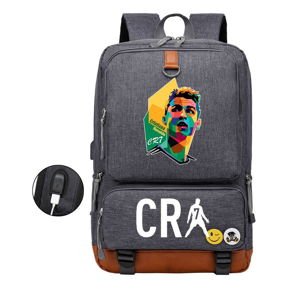 Football Star Cristiano Ronaldo Printed Usb Youth Primary And Secondary School Backpack For Boys And Girls Leisure Travel Backpack