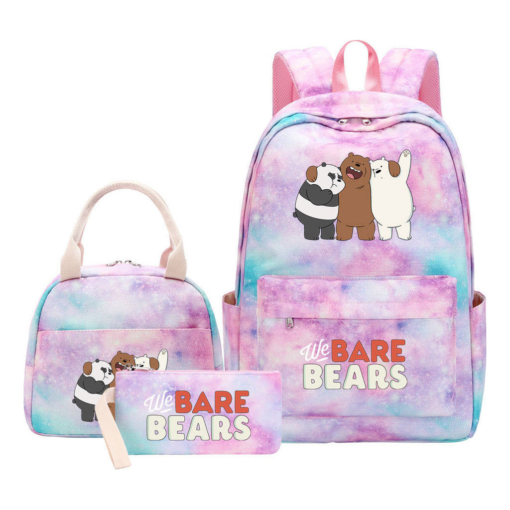 Cartoon Cute Three Bears Youth Student Girls School Bag Lunch Bag Three Piece Set Backpack Set