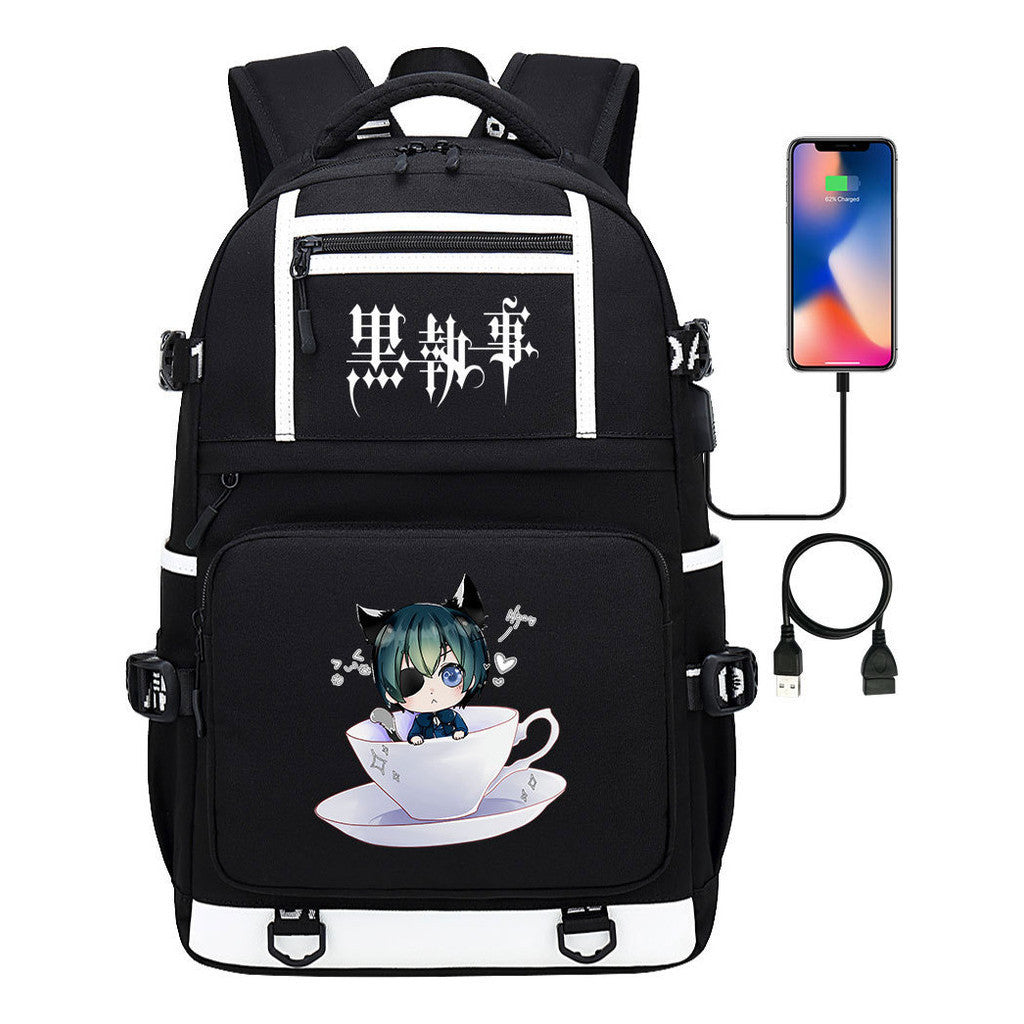 Manga Black Deacon Black Butler Printed Usb Youth Student Backpack Men's And Women's Leisure Travel Backpack