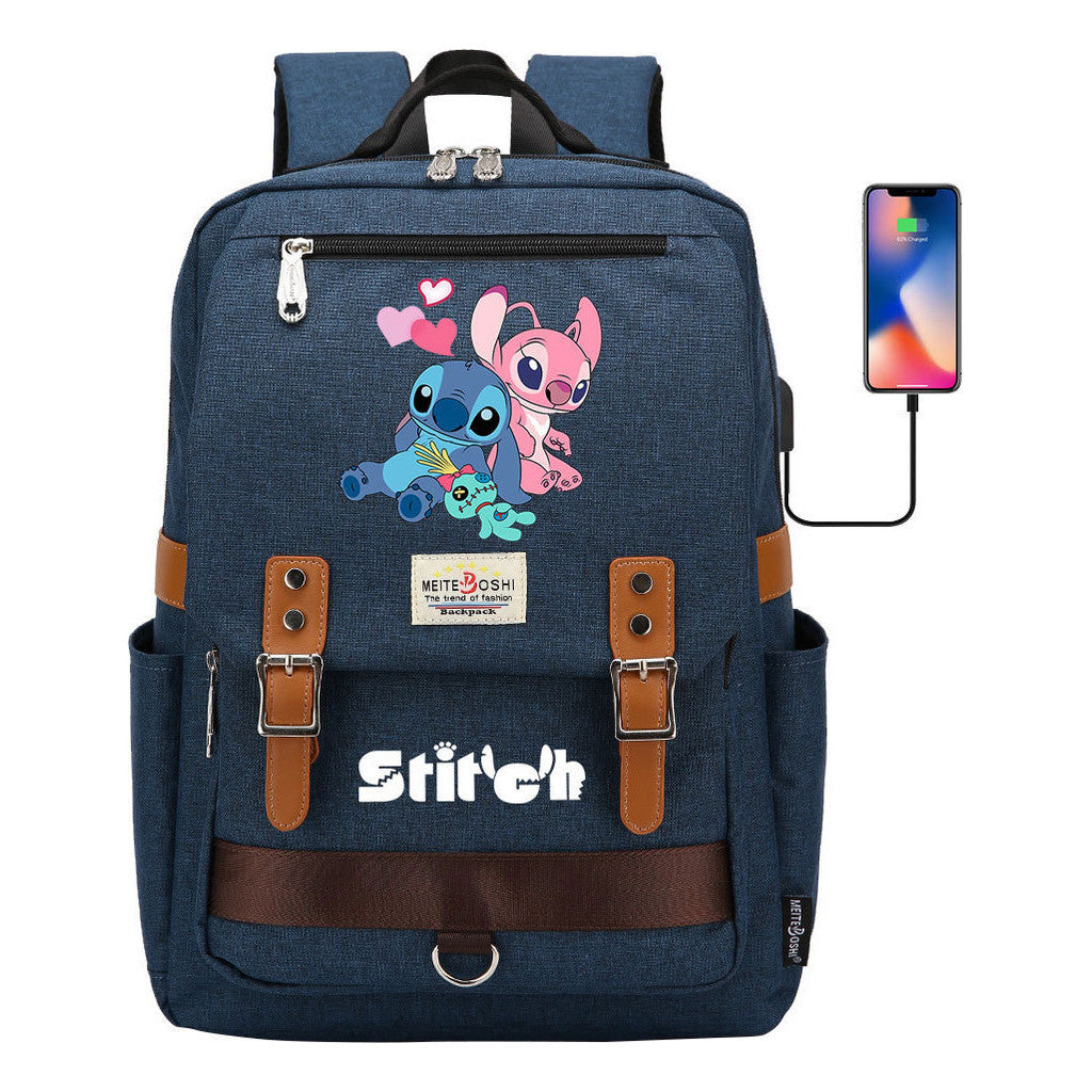 Anime Star Baby Stitch Printed Student Backpack For Men And Women With Casual Magnetic Buckle Backpack