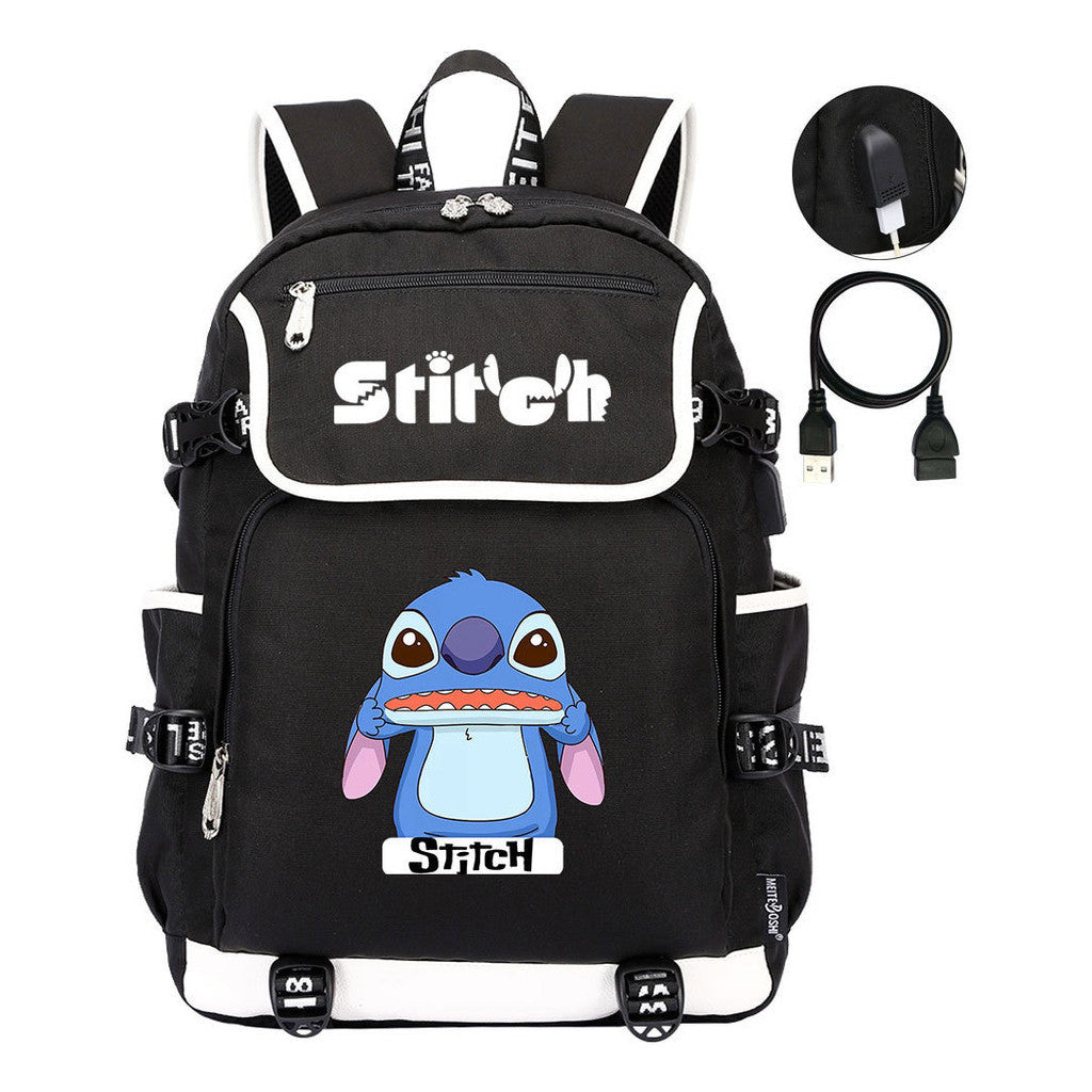 Anime Star Baby Stitch Printed Usb Student Backpack For Men And Women's Leisure Travel Backpack