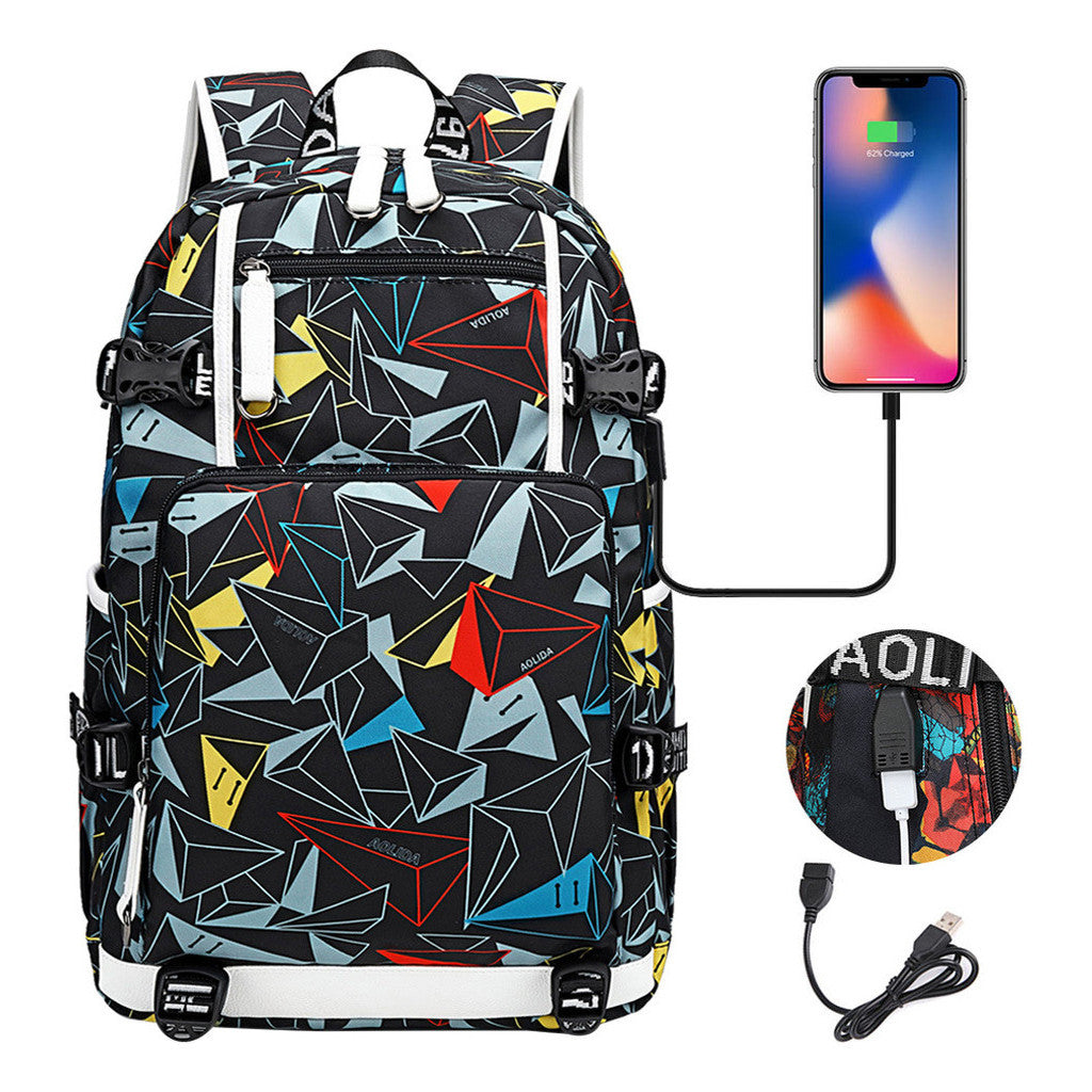 Printed Usb Youth Student School Bag Leisure Large Capacity Travel Backpack