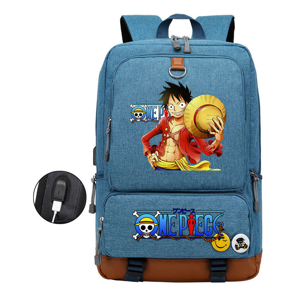 Cartoon Pirate King Print Usb Youth Backpack For Boys And Girls Leisure Travel Backpack