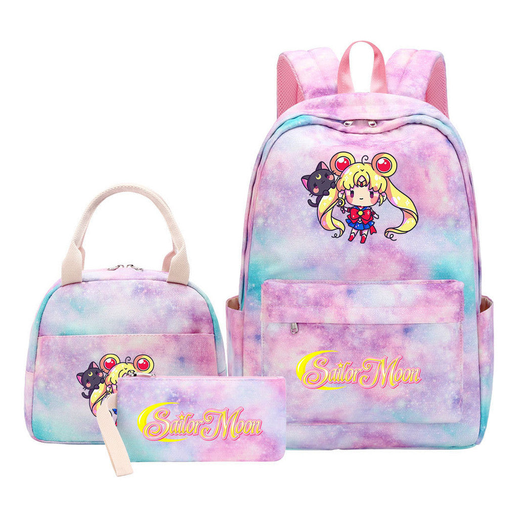 Beautiful Girl Warrior Student Schoolbag Lunch Bag Three Piece Set Backpack Cover