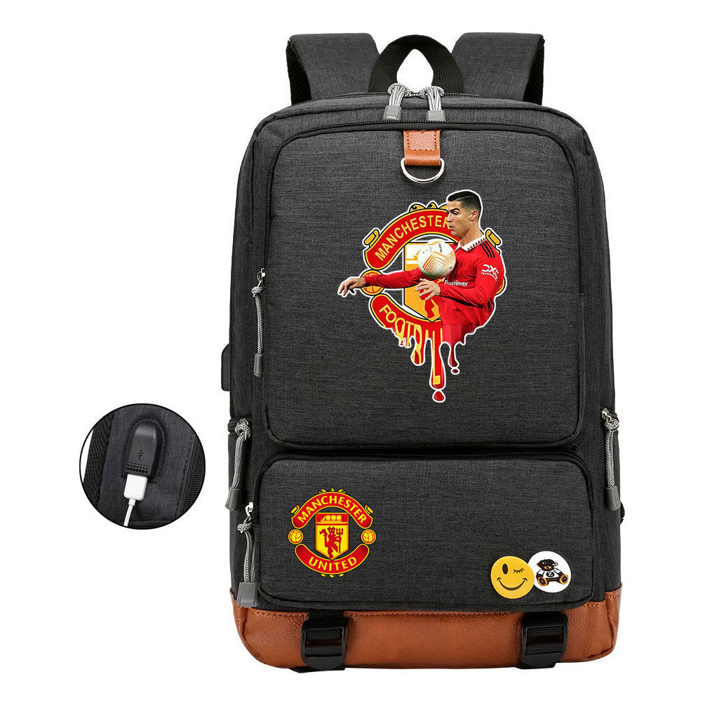Football Star Cristiano Ronaldo Printed Usb Youth Student Backpack For Leisure Travel Backpack