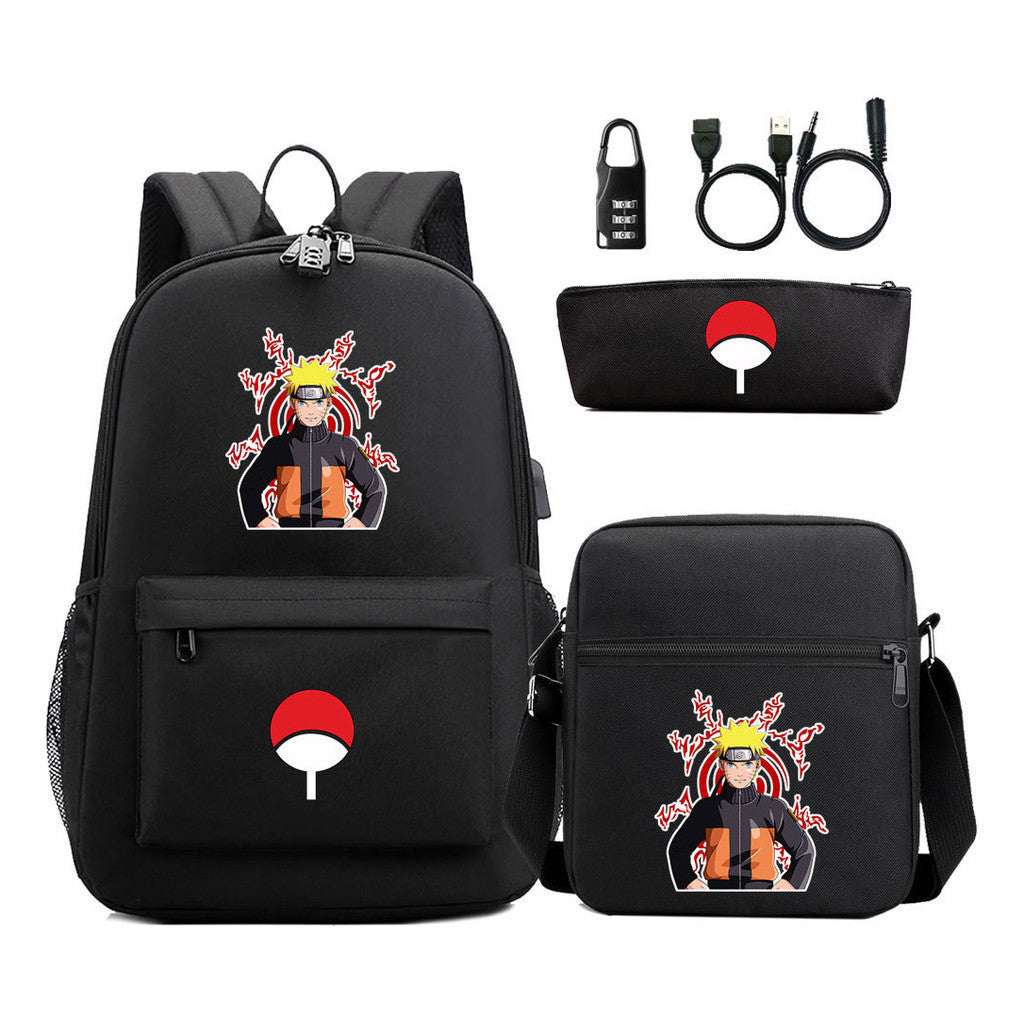 Naruto Usb Password Lock Youth Student Backpack Three Piece Set Backpack Set