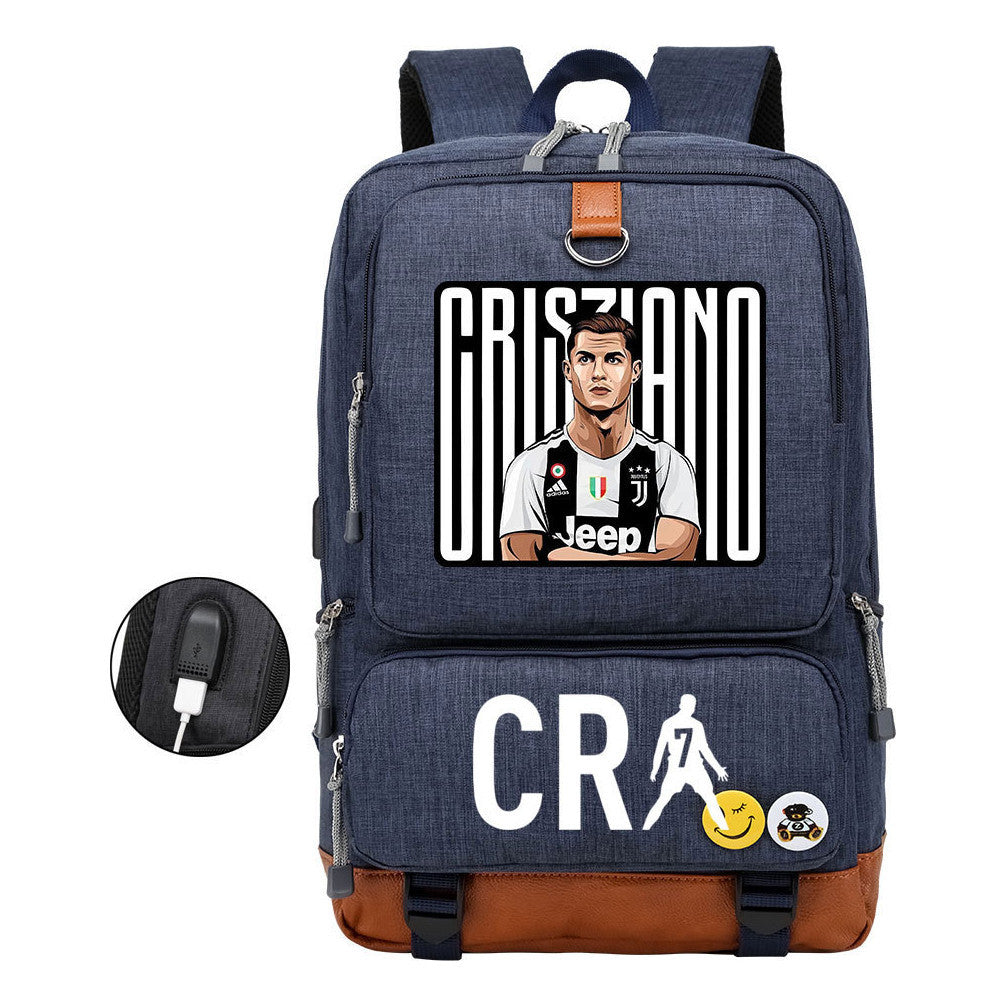 Football Star Cristiano Ronaldo Printed Usb Youth Primary And Secondary School Backpack For Boys And Girls Leisure Travel Backpack